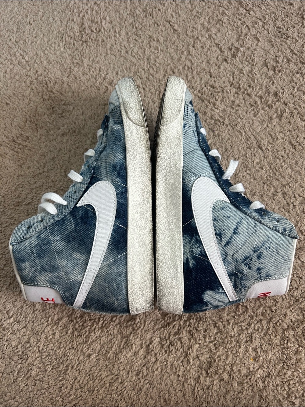 Nike High-Top Denim Sneakers in Light and Dark Blue with Red Lettering